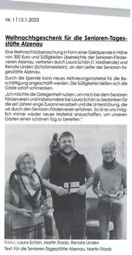 Weihnachtsgeschenk für Senioren-Tagesstätte Alzenau